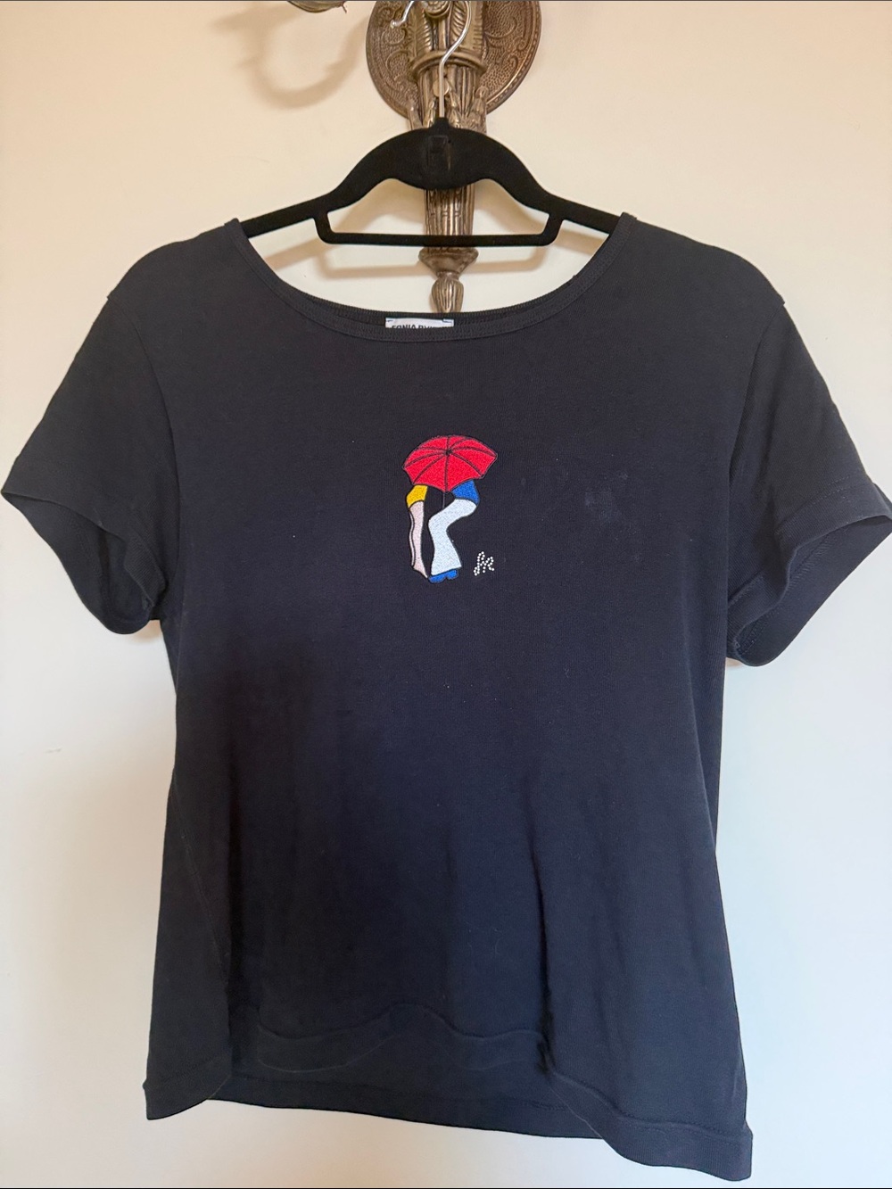 Sonia Rykiel Black Short Sleeve Tee with Red Umbrella Embroidery